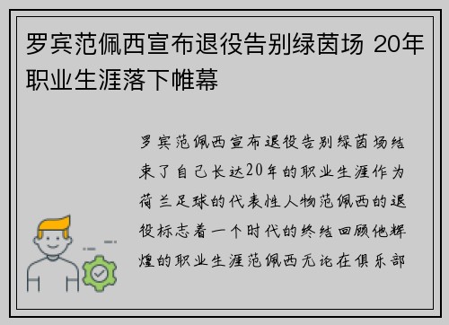 罗宾范佩西宣布退役告别绿茵场 20年职业生涯落下帷幕